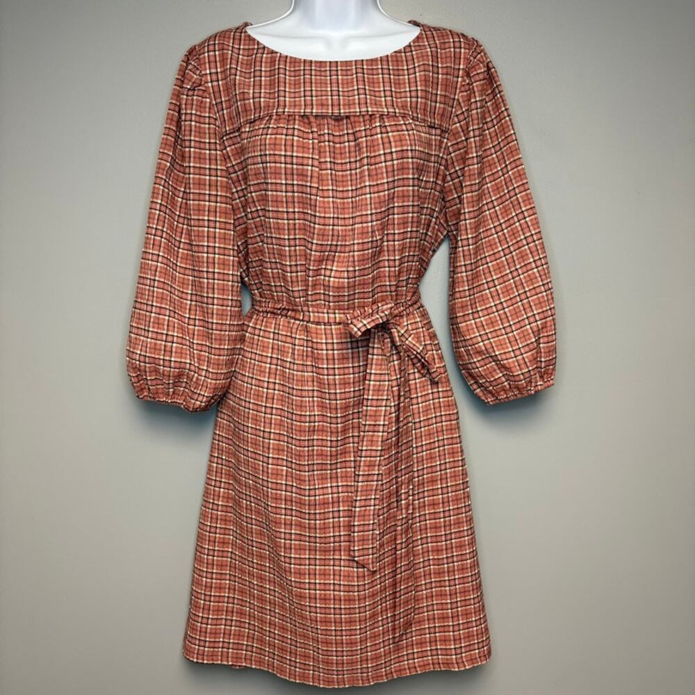 Loft Outlet Cottagecore Puff Sleeve Prairie Plaid Seersucker Belted Dress Sz L - Picture 1 of 6